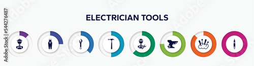 infographic element with electrician tools filled icons. included construction worker, overalls, spanner, hammering, plumber, bidet, cushion, voltage indicator vector.