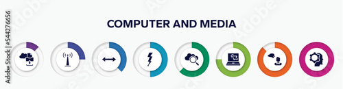 infographic element with computer and media filled icons. included archives files download, wireless band, left and right arrow, lightning electric energy, internet search, laptop with arrows, ,