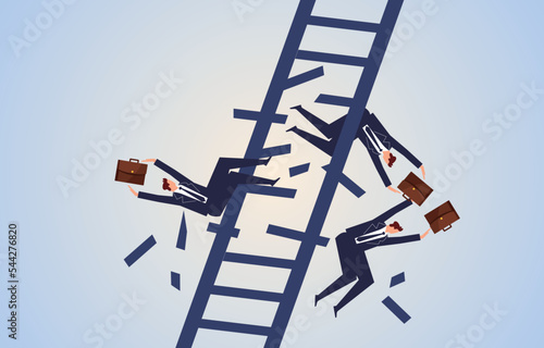 Bad ladder steps break businessmen all fall from mid-air, business failures or accidents, encounter setbacks, mistakes or risks