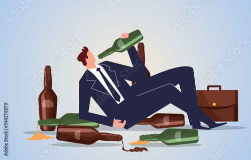 Drunk or alcoholic businessman, drunk businessman, lost, frustrated, unemployed, failed or bankrupt businessman drinking