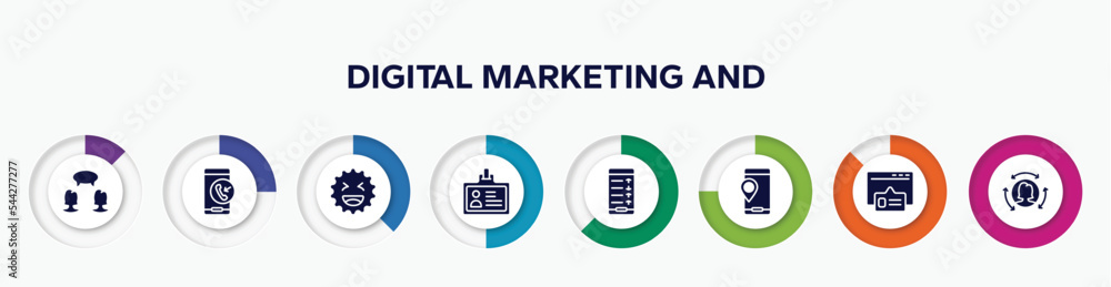 infographic element with digital marketing and filled icons. included confirmity, incoming call, laughing, press card, mobile analytics on screen, , pop up, remarketing vector. infographic element with digital marketing and filled icons. included confirmity, incoming call, laughing, press card, mobile analytics on screen, , pop up, remarketing vector.