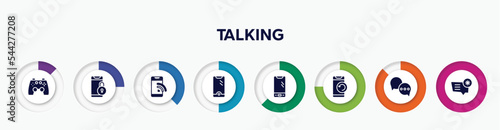 infographic element with talking filled icons. included ps4 gamepad, phone locked, wireless phone, new telephone, smartphone with three buttons, phone with refresh arrows, round chat bubbles,