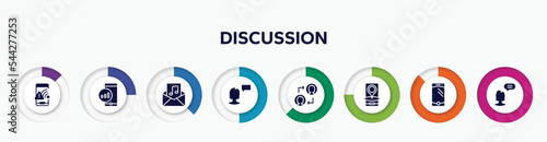 infographic element with discussion filled icons. included wifi connection warning, mobile, audio file, monologue, people connection, phone interface, cellphone with one button, chief vector.