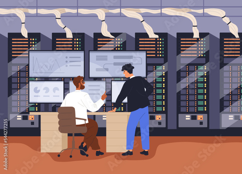 Administration of big data, work at multiple-screen computer in server room. Maintenance, support of cybersecurity and information storage. Business technology concept. Flat vector illustration