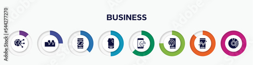 infographic element with business filled icons. included planet earth, punctuation mark, exchanging arrows, mobile phone variant, , unknown user, mobile analytics tool, donut chart vector.
