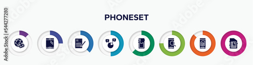 infographic element with phoneset filled icons. included around the globe, , writing letter, polling, phone card back, searching by phone, card of phone, chip photo