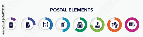 infographic element with postal elements filled icons. included no, swipe up, interviewer, ringtone, verified, charged, strenght, addressee vector.