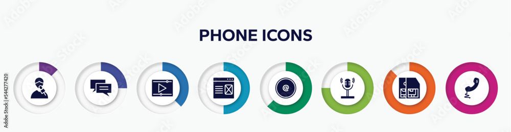 infographic element with phone icons filled icons. included male reporter, messaging, video play, landing page, arroba, voice recorder, , telephone auricular with cable vector.