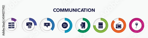 infographic element with communication filled icons. included servers, international mail, spanish language, sound ting, mobile chat, keypad, portable television, cord vector.