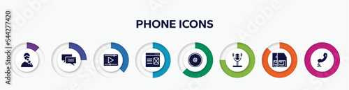 infographic element with phone icons filled icons. included male reporter, messaging, video play, landing page, arroba, voice recorder, , telephone auricular with cable vector.
