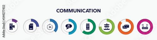 infographic element with communication filled icons. included smartphone message, simcard, 24h, chat group, smartphone with wireless internet, tower transmissions, letters, modem vector.