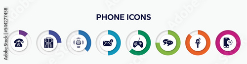 infographic element with phone icons filled icons. included old telephone ringing, offices, worldwide transmissions, new email, game controller, chatting, listener, smartphone 24 hours service