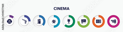 infographic element with cinema filled icons. included hd movie, hitman, doorway, vip person, film director, footage, prompt box, negative film vector.