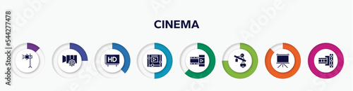 infographic element with cinema filled icons. included movie light, video tings, hd, watching a video on a tablet, film strip black, jimmy jib, fabric for movies, film strip of two photograms