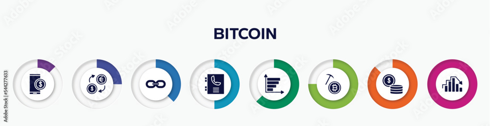 infographic element with bitcoin filled icons. included stock price, money exchange, web link, phonebook, bar graph, bitcoin mining, money, peak vector.