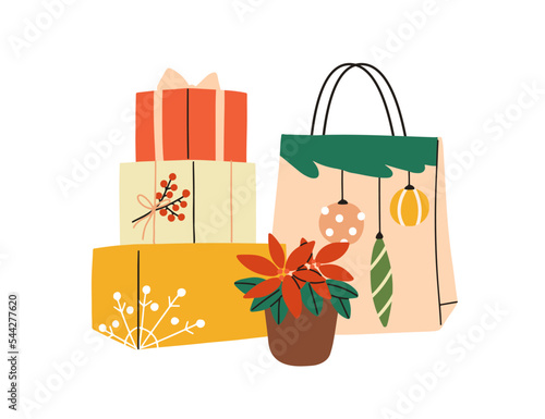 Christmas gift boxes stack and festive paper bag. Xmas presents in packages and red flower of winter poinsettia. New Year surprises packs. Flat vector illustration isolated on white background