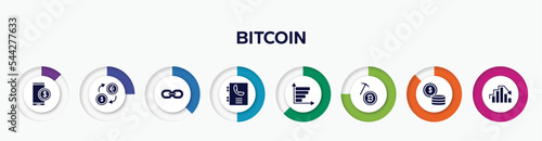 infographic element with bitcoin filled icons. included stock price, money exchange, web link, phonebook, bar graph, bitcoin mining, money, peak vector.
