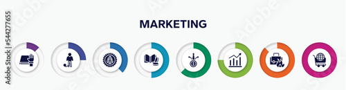 infographic element with marketing filled icons. included oath, prisoner, eor tokens, finance book, diversify, demand, burning, world wide shopping vector. photo