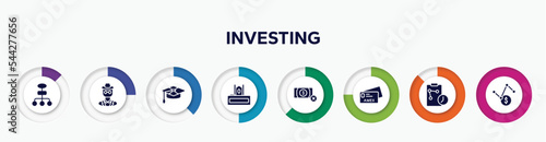 infographic element with investing filled icons. included flow chart, detective, mortarboard, judge chair, no money, , real time strategy, volatility vector.