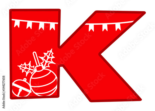 Letter K, Christmas monogram. Name tag, sign, icon. Letter silhouette with xmas symbols. Christmas toy, bell, garland, mistletoe leaves. Christmas design for print, cut out, signboard, home art.