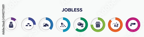 infographic element with jobless filled icons. included adventageous offer, gold ingots, gold ingot, ingot, packages, convenience store, profit growth, low energy vector.