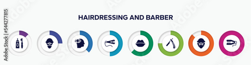 infographic element with hairdressing and barber filled icons. included tooth paste and brush, bold man with moustache, mindfulness, straightener, big lips, open razor, bald, straighten vector.