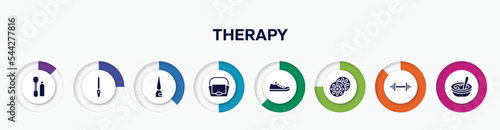 infographic element with therapy filled icons. included flanges mascara, nail file, eyeliner bottle, big hand bag, pair of sneakers, citrus, weightlift, soup vector.
