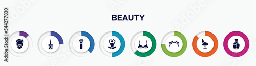 infographic element with beauty filled icons. included man with goatbeard, parfum bottle, hair shaver, meditation, brassiere, headbands, comfortable chair, small perfume bottle vector.
