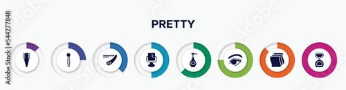 infographic element with pretty filled icons. included two side comb, two hairpins, straight razor, makeup mirror, body lotion, woman eye, cleaning wipes, matte powder vector.