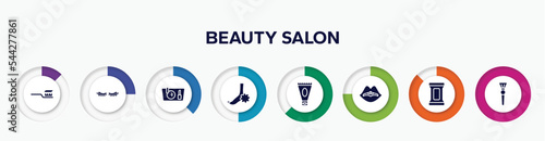 infographic element with beauty salon filled icons. included tooth brush, two eyelashes, makeup purse, pedicure, anti aging cream, woman lips, makeup remover wipes, inclined makeup brush vector.