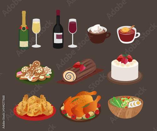 Christmas and happy new year illustration of christmas table. festive meal.