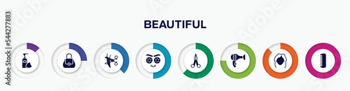 infographic element with beautiful filled icons. included foam hair, women handbag, hair cut, cucumber slices on face, manicure scissors, hairdryer facing left, women makeup, men comb vector.