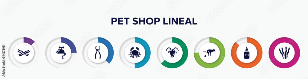 infographic element with pet shop lineal filled icons. included jerky treats, toy mouse, nail trimmer, big crab, male sheep head, dog poo, ph test, aae vector. infographic element with pet shop lineal filled icons. included jerky treats, toy mouse, nail trimmer, big crab, male sheep head, dog poo, ph test, aae vector.