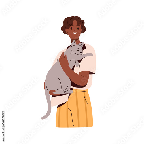 Cat owner, black woman holding kitty in arms. Young African-American girl and big cute feline animal, home pet, hugging with hands and paws. Flat vector illustration isolated on white background