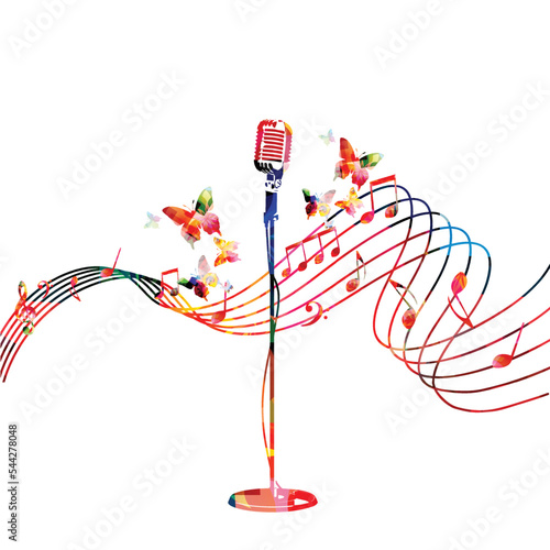 Musical poster with microphone and musical notes staff on white background in pink color. Vector illustration. Live concert events, music festivals and shows background, karaoke party flyer	