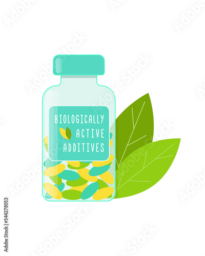 Bottle Biologically Active Additives BAA Dietary supplements, vitamins, antioxidant tablets, health capsules.