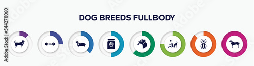infographic element with dog breeds fullbody filled icons. included husky, pet toy, bas hound, treat, dog licking, dog and man seating, golden ground beetle, english mastiff vector.