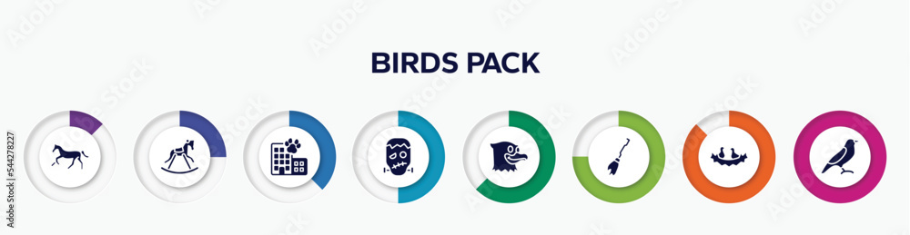 infographic element with birds pack filled icons. included horse running, horse rocker black, hotel building, frankenstein, eagle, broom, birds in nest, bird of black feathers vector.