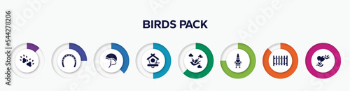 infographic element with birds pack filled icons. included dog paw, horseshoe with many holes, jockey hat, birds house, bird flying between clouds, gnome, garden fence, birds couple vector.