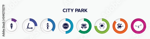 infographic element with city park filled icons. included canoe, scooter, fire hydrant, steering wheel, lotus flower, opiliones, wheelbarrow, seesaw vector.
