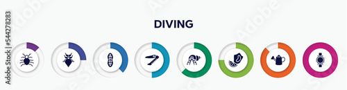 infographic element with diving filled icons. included flea, leaf insect, plankton, swiss army knife, hermit crab, mussel, watering can, diving watch vector.
