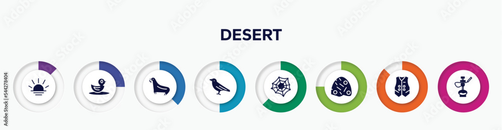 infographic element with desert filled icons. included sun, duck, sea lion, crow, spider web, anthill, waistcoat, hookah vector. infographic element with desert filled icons. included sun, duck, sea lion, crow, spider web, anthill, waistcoat, hookah vector.