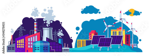 Green energy vs pollution. Solar renewable power electricity generation and fossil thermal coal nuclear production, industrial concept. Vector illustration