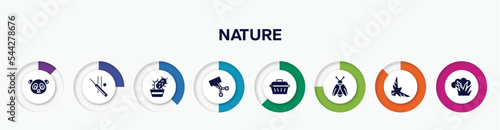 infographic element with nature filled icons. included panda bear, cricket, cactus, trimming, pet cage, firefly, eagle, bush vector.