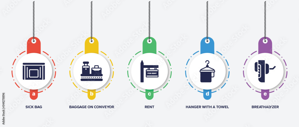 infographic element template with travel accessories filled icons such as sick bag, baggage on conveyor band, rent, hanger with a towel, breathalyzer vector. infographic element template with travel accessories filled icons such as sick bag, baggage on conveyor band, rent, hanger with a towel, breathalyzer vector.