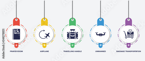 infographic element template with airport filled icons such as prayer room, airplane, travelling handle bag, unmanned, baggage transportation over wheels cart vector.