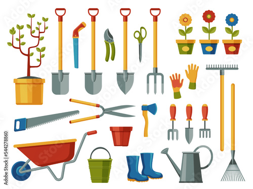 Garden tools. Farm agriculture equipment with shovel rake rubber boots secateurs cutter gloves lawnmower, flat cartoon gardening icons. Vector isolated set