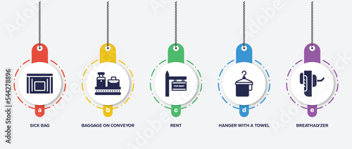 infographic element template with travel accessories filled icons such as sick bag, baggage on conveyor band, rent, hanger with a towel, breathalyzer vector.