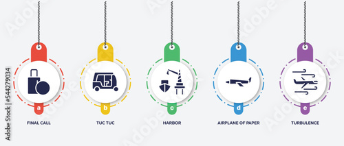 infographic element template with airport filled icons such as final call, tuc tuc, harbor, airplane of paper sheet, turbulence vector.