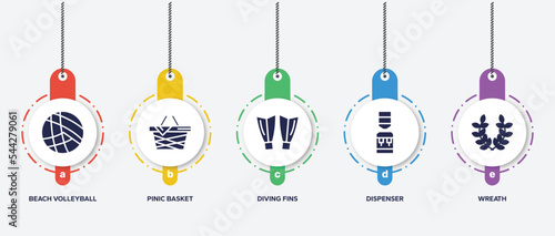 infographic element template with summer filled icons such as beach volleyball, pinic basket, diving fins, dispenser, wreath vector.